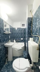 ブシュテニにあるCasa Minaの青いタイル張りのバスルーム(トイレ、シンク付)