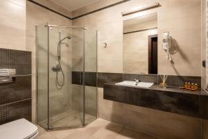 a bathroom with a shower and a toilet and a sink at Willa Gielatówka in Białka Tatrzanska