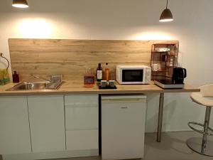 a kitchen counter with a microwave and a sink at Logement indépendant avec parking privé et terrasse, au calme. in Coulaines