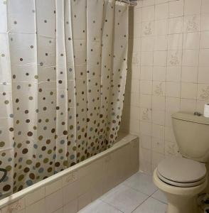 a bathroom with a toilet and a shower curtain at Homey Apt. with beautiful view in Amman