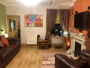 a living room with a couch and a fireplace at Butterfly House in Blackwood