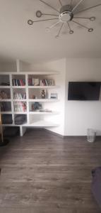 uma sala de estar com uma ventoinha de tecto e prateleiras de livros em Chez manu em Voellerdingen