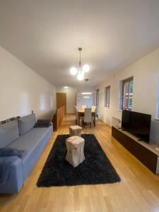 ein Wohnzimmer mit einem blauen Sofa und einem Tisch in der Unterkunft Appartment Rosennock in Sankt Oswald