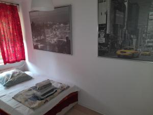 Un dormitorio con una cama con una cortina roja y un cuadro. en APARTAMENT LOTNIKÓW 7, en Płock