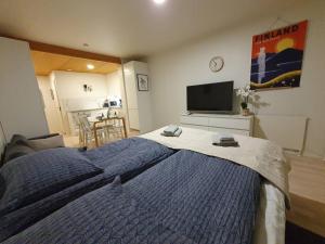um quarto com uma cama grande e uma televisão em Central Studio - Self Check-In em Rovaniemi