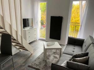a living room with a couch and a tv at Cozy Apartments in Zwickau in Zwickau
