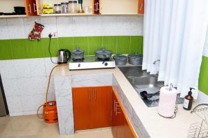Una pequeña cocina con estufa y fregadero. en Tina's cosy 2br : Wi-fi & Parking in Milimani, en Kisumu
