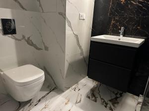 een badkamer met een wit toilet en een wastafel bij Nana Apartment in Poruba