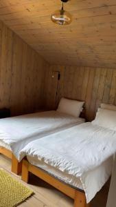 ein Schlafzimmer mit einem Bett in einem Holzzimmer in der Unterkunft Chalet luxueux in Châtel