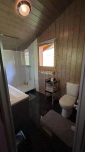 baño con aseo y lavabo y ventana en Chalet luxueux, en Châtel