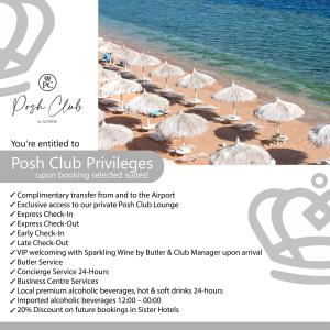 um panfleto para um clube de piscina com guarda-sóis na praia em Sunrise Arabian Beach Resort em Sharm el Sheikh
