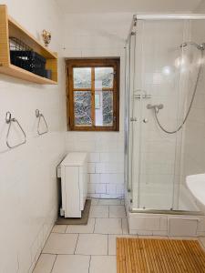 Horská chata Mamut في دولني مالا أوبا: حمام أبيض مع دش ومغسلة