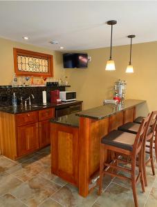uma cozinha com armários de madeira e um balcão com cadeiras em Luxury Bachelor by Halifax Waterfront -Hot Tub em Halifax