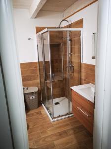 ein Bad mit einer Dusche und einem Waschbecken in der Unterkunft DomusD in Bernalda
