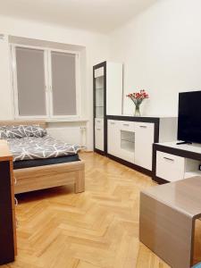 a bedroom with a bed and a desk with a tv at Apart Wiktoria in Warsaw