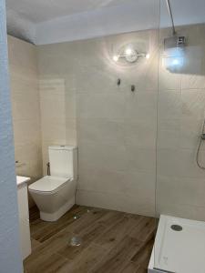 a bathroom with a toilet and a glass shower at Cueva Lala in Granadilla de Abona