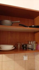 a shelf with bowls and utensils in a kitchen at Ορεινό καταφύγιο Παρνασσού in Amfikleia