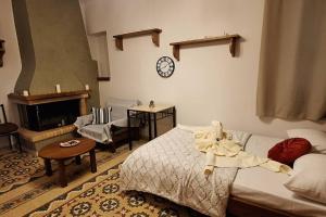 1 dormitorio con 1 cama y reloj en la pared en Ορεινό καταφύγιο Παρνασσού, en Amfikleia