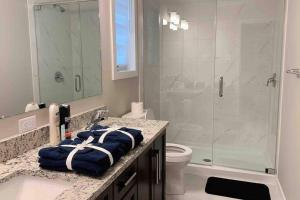 Brand New-Budget friendly master bedroom-House في Carleton Place: حمام مع حوض ودش مع مناشف زرقاء