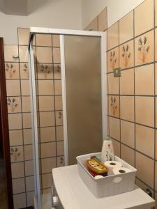 ein Bad mit einem Waschbecken, einem Spiegel und Pflegeprodukten in der Unterkunft Casa Sangui in Reppia