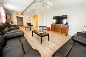 a living room with couches and a flat screen tv at The Forgotten City Estate-9BR near Niagara falls in Niagara Falls