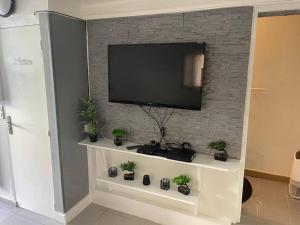 a flat screen tv on a brick wall with potted plants at Duplex confortable proche Paris in La Courneuve