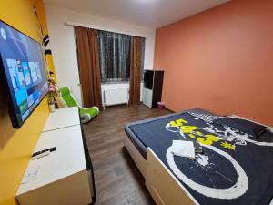 Schlafzimmer mit einem Bett und einem Flachbild-TV in der Unterkunft City Center Promo in Brüssel
