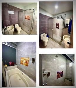 três fotografias de uma casa de banho com dois WC e um chuveiro em Casa Campestre Villa de los Angeles em La Mesa