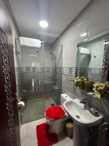 y baño con ducha, aseo y lavamanos. en APPART HOTEL OUED EDDAHAB, en Khenifra