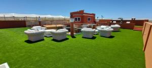 ラスパルマス・デ・グランカナリアにあるFinca David Galdarの屋根の上に緑草とコンクリート柱がある庭