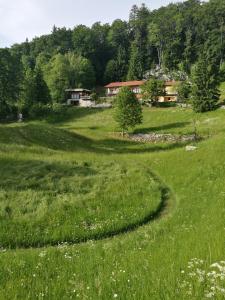 un campo de césped verde con una casa en el fondo en Posestvo Laz - The Laz Estate, en Voglarji