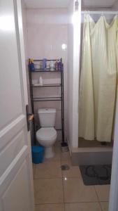 ein Bad mit einem WC und einem Duschvorhang in der Unterkunft Stay at Kety`s II in Praia