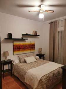 1 dormitorio con 1 cama y ventilador de techo en Casa rural Cañaveral de León, en Cañaveral de León