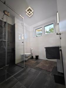 La salle de bains est pourvue d'une douche en verre et de toilettes. dans l'établissement Bella's Appartment - Beautiful, modern and next to metro, à Vienne