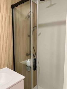 una ducha con una puerta de cristal junto a un lavabo en Moderno Estudio a estrenar 3, en Murcia