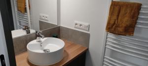 La salle de bains est pourvue d'un lavabo blanc et d'un miroir. dans l'établissement Appartement au coeur de Libourne, à Libourne