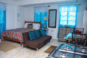 a bedroom with a bed and a couch and blue curtains at PRI Studio Apartment in Arnos Vale