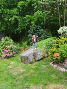 un niño pequeño parado sobre una roca en un jardín en Szymonówka W Szklarskiej Porębie en Szklarska Poręba