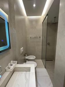 HOTEL UJVARA في Belsh-Qendra: حمام مع مرحاض ومغسلة ودش