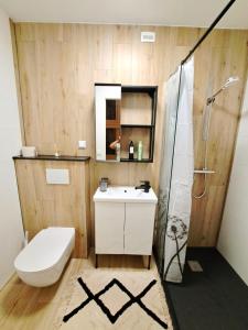 een badkamer met een toilet, een wastafel en een douche bij Villa Benvenuto in Dieren