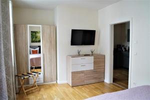 1 dormitorio con tocador y TV en la pared en Luxuriöse Ferienwohnungen en Königstein an der Elbe