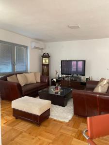 Il comprend un salon doté d'un mobilier en cuir et d'une télévision à écran plat. dans l'établissement Luxury apartment, à Bitola