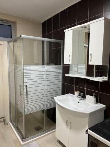 La salle de bains est pourvue d'une douche en verre et d'un lavabo. dans l'établissement Luxury apartment, à Bitola