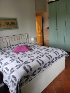 een slaapkamer met een bed met een roze kussen erop bij The Shell 200 mt dal mare con giardino in centro città - posto auto in Imperia
