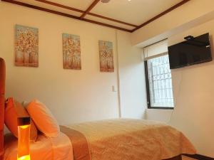a bedroom with a bed and a flat screen tv at CASA 8 Bed&Breakfast in San José