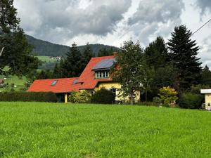 ein Haus mit rotem Dach auf einem grünen Feld in der Unterkunft Ferienhaus Prettenthaler in Gaal