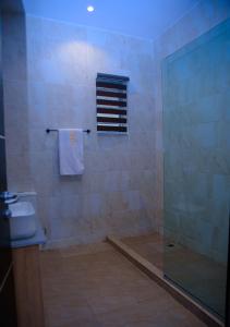 a bathroom with a shower with a sink and a toilet at Elcastillo Homes in Lagos