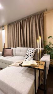 sala de estar con sofá y mesa con libro en Top Located Narva Apartment en Narva
