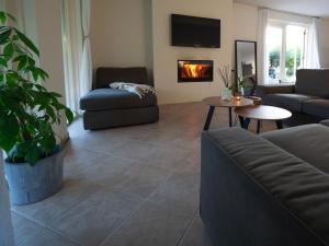 a living room with a couch and a fireplace at Luxurious Family Villa with sauna big garden and jacuzzi in Zeewolde