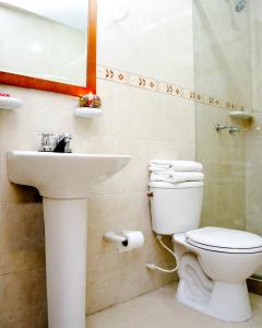 a bathroom with a toilet and a sink at Hotel Casa La Riviera in Bogotá
